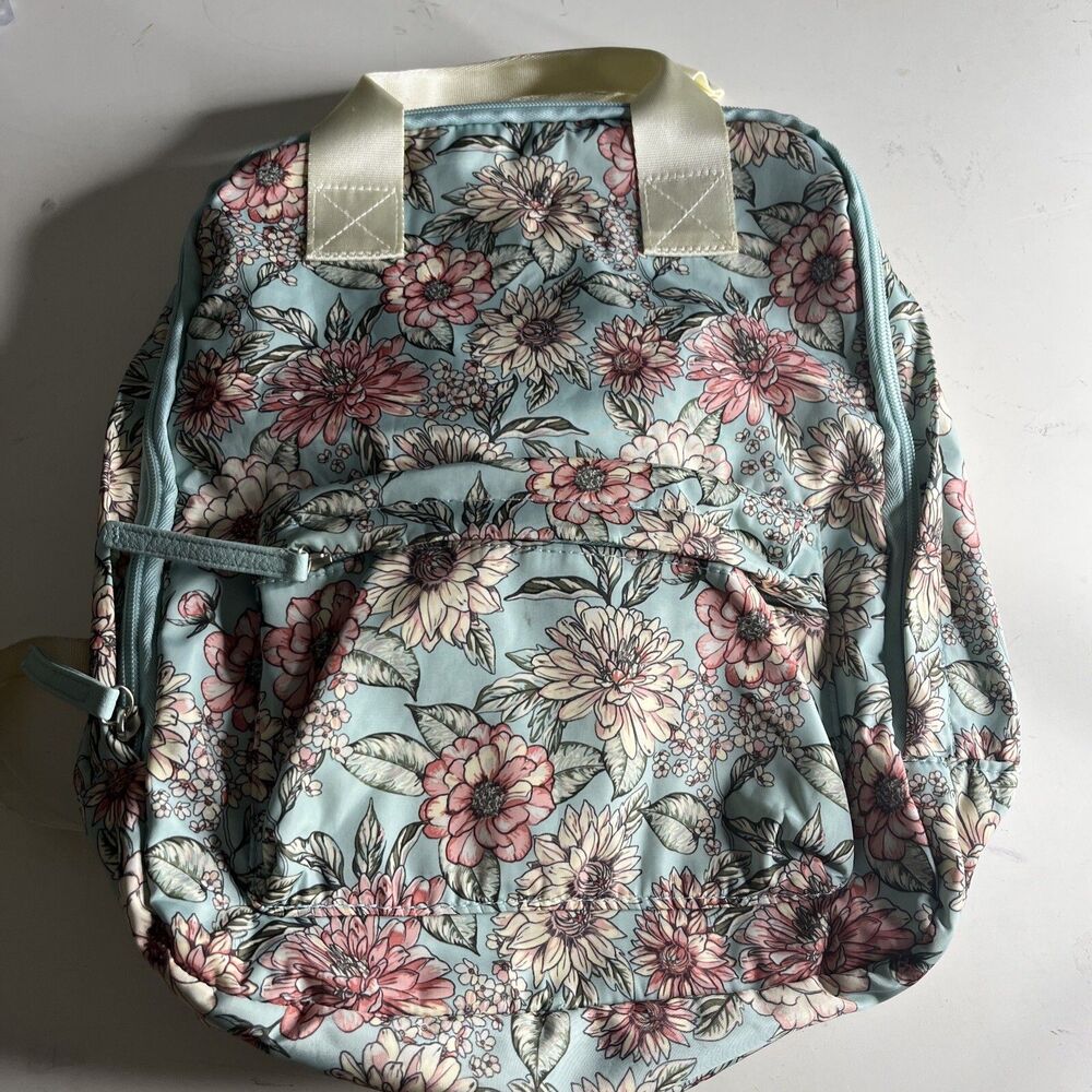 No Boundaries Juniors Girl Teal Floral Backpack Small Square Zipper And Pocket